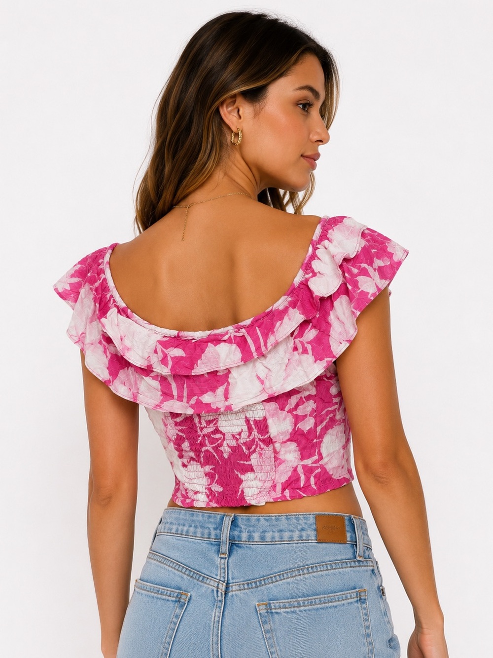 Cynthia Rowley Pink Floral Off Shoulder Ruffle Crop Top Boho Cottagecore M NWT - Picture 4 of 7